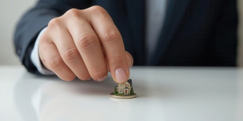 Real estate investment action business office photo of a hand placing miniature house professional environment close-up view