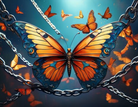 butterflies flying away free from chains in a symbolic art concept breaking apart symbolizing freedom and hope