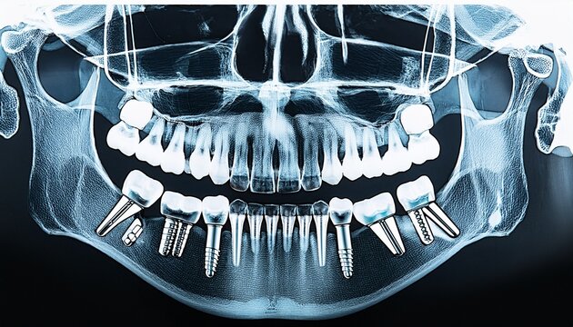 a panoramic x ray with dental implants in the lower jaw is displayed in the copy space image