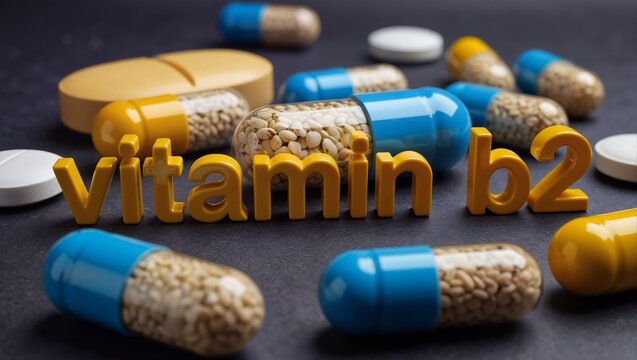 a close-up view of vitamin b2 capsules and tablets scattered on a dark surface, spelling out "vitamin b2" with golden letter-shaped pills.