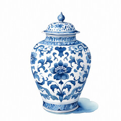 Pottery. Blue and White Porcelain on white background. Chinoiserie art