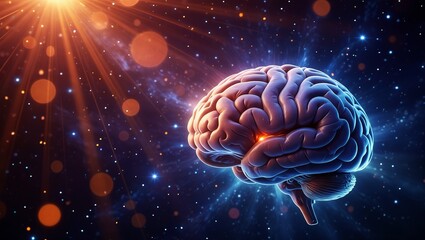 Fototapeta premium a luminous human brain glows against a vibrant, star-filled cosmic background, symbolizing intelligence and the vastness of thought.