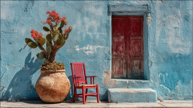 A blue wall with an old red wooden chair and a blooming cactus in a huge clay pot. The scene is set against a backdrop of traditional Mediterranean architecture, for commercial use.
