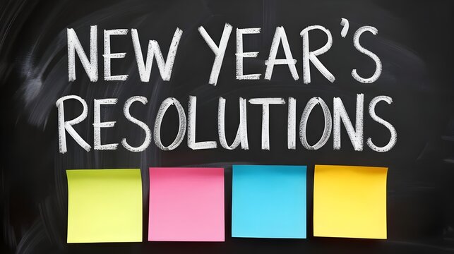 New year's resolutions chalkboard message with colorful sticky notes for goals
