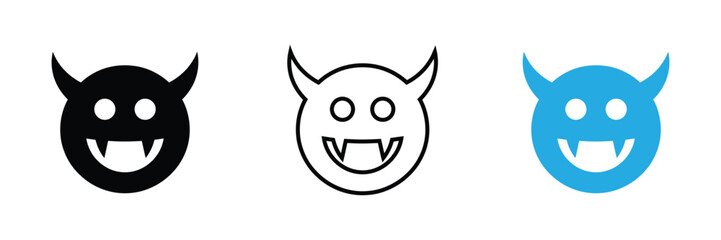 Whimsical devil face icons in black, outline, and blue offer a playful, spooky vibe for your creative projects, perfect for Halloween themes.