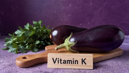 a still life featuring two eggplants and a bunch of parsley resting on a wooden cutting board with a "vitamin k" label against a purple background.
