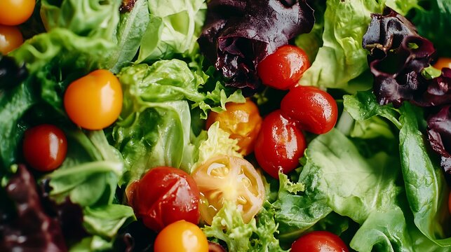 Close up of a fresh salad with lettuce and colorful cherry tomatoes