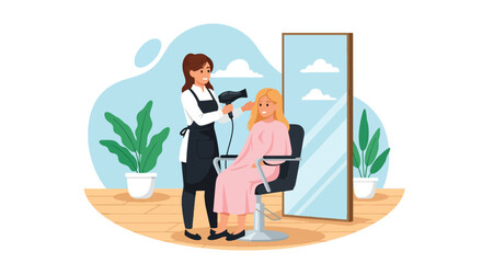 Adobe illustrator artwork vector illustration. A skilled hairdresser blow-dries a happy woman's hair in a salon filled with plants, depicting beauty services and relaxation