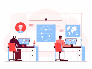 Two people working in a control room monitoring global network and world map data on computers