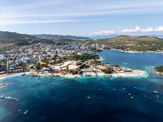 Fototapeta premium Ksamil Beach in Sarande aerial view in North Macedonia