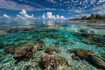 Naklejka premium Split View of Underwater Coral Reefs and Tropical Island under a Blue Sky with White Clouds