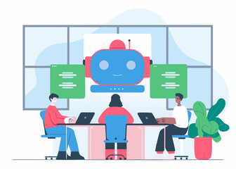 Team of Developers Collaborating with AI Robot on Software Development Project in Modern Office Setting