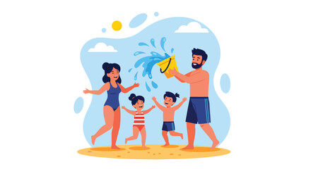 Adobe illustrator artwork vector illustration. A joyful family splashes and plays with water at the beach under the summer sun, depicting fun, togetherness, and vacation memories