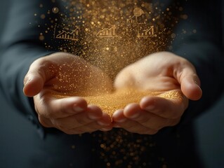 Business growth visualization hands displaying golden dust and data trends in a professional environment