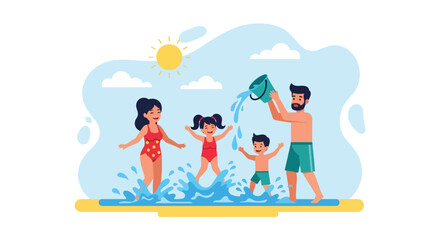 Adobe illustrator artwork vector illustration. A joyful family splashes and plays with water at the beach under the summer sun, depicting fun, togetherness, and vacation memories