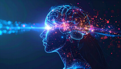 Abstract digital human head exploding with light and data