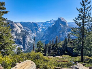 Yosemite National Park. Beautiful scenery with mountains, cliffs, wild rivers, waterfalls, and lakes. A fantastic outdoor vacation spot. Pure nature. Traveling in the USA. High quality photo