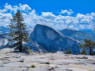 Yosemite National Park. Beautiful scenery with mountains, cliffs, wild rivers, waterfalls, and lakes. A fantastic outdoor vacation spot. Pure nature. Traveling in the USA. High quality photo