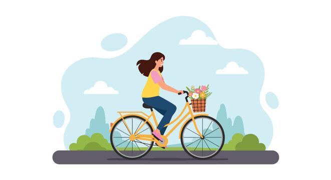 Adobe illustrator artwork vector illustration. A cheerful young woman rides a vintage yellow bicycle with a basket of flowers through a park, embodying spring, health, and outdoor leisure.