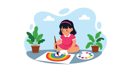 Adobe illustrator artwork vector illustration. A cheerful little girl with pigtails paints a vibrant rainbow on an easel outdoors, showcasing artistic creativity and childhood joy