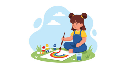 Adobe illustrator artwork vector illustration. A cheerful little girl with pigtails paints a vibrant rainbow on an easel outdoors, showcasing artistic creativity and childhood joy