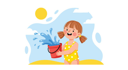 Adobe illustrator artwork vector illustration. A joyful little girl in a yellow swimsuit splashes water from a red bucket at the beach, embodying summer fun and playful childhood. Ideal for vacation a