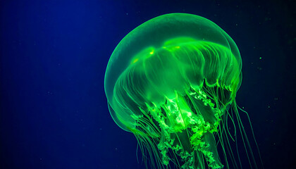Bioluminescent green jellyfish glowing in dark ocean depths