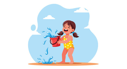 Adobe illustrator artwork vector illustration. A joyful little girl in a yellow swimsuit splashes water from a red bucket at the beach, embodying summer fun and playful childhood. Ideal for vacation a