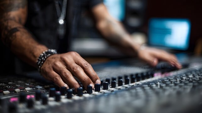 Close up of hands adjusting knobs on a professional audio mixing console in a recording studio