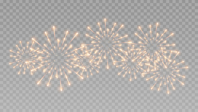 Vector fireworks celebration, transparent PNG. Festive fireworks in night sky, transparent background.