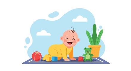 Adobe illustrator artwork vector illustration. A joyful baby crawls happily on a mat, surrounded by colorful toys and a houseplant, depicting early childhood development and play.