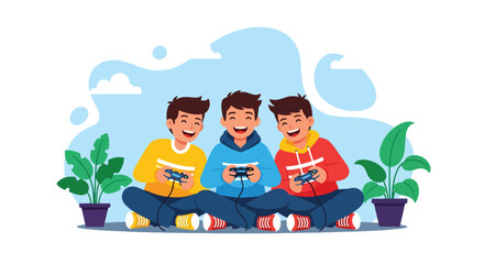 Adobe illustrator artwork vector illustration. Three happy boys are engrossed in playing video games on a colorful rug in a cozy living room