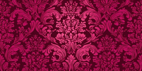 Ornate pink floral damask pattern detailed baroque swirls and acanthus leaves on dark background
