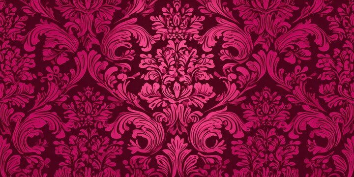 Ornate pink floral damask pattern detailed baroque swirls and acanthus leaves on dark background