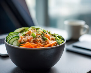 Vegan Plant-Based Modern Lifestyle Concept, Fresh vegan plant based lifestyle bowl with modern presentation of healthy carrot avocado and green