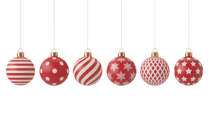 Six festive red and white christmas ornaments with various patterns isolated on transparent background