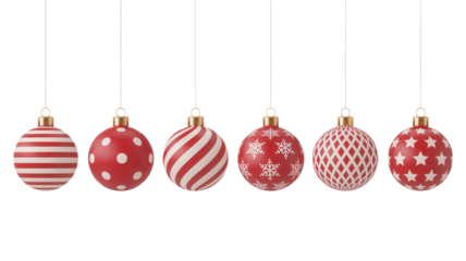 Six festive red and white christmas ornaments with various patterns isolated on transparent background
