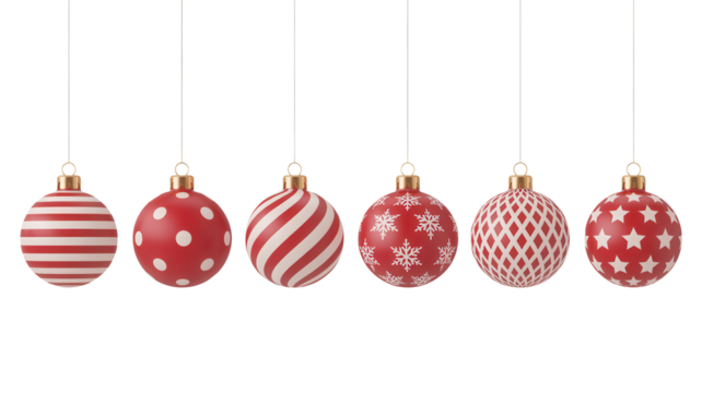 Six festive red and white christmas ornaments with various patterns isolated on transparent background