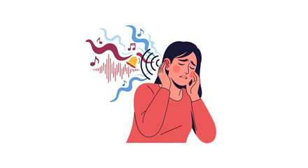 Tinnitus distress, ringing in the ears, noise problem, ear pain and woman