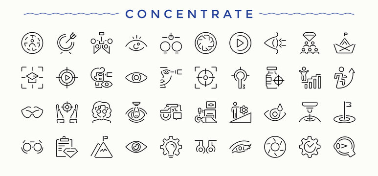 Concentrate icon set. Minimalist icons collection. Optometry linear icon set. Contains related to optometry, optical, hospital, sight, optometrist, eyesight and more.