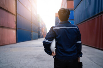 A man wearing a hard hat stands in front of a large container