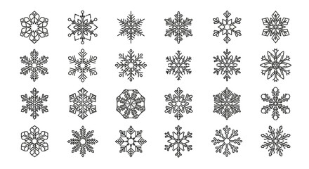 A delicate and varied collection of intricate geometric snowflake icons for winter and holiday design projects