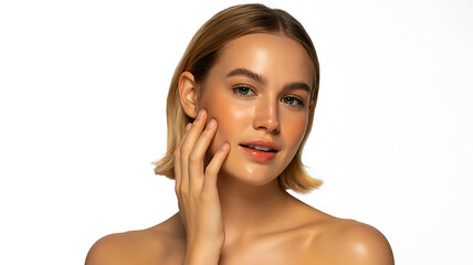 Beautiful young woman with clean glowing skin touching face on white background
