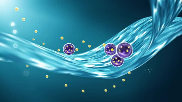 Blue water flow with microscopic particles and purple cell vesicles carrying drug liposome particles. clean filtration, blue flow and dynamic