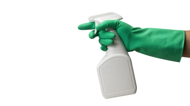 Hand wearing a green glove holding a white spray bottle for cleaning purposes isolated on transparent background