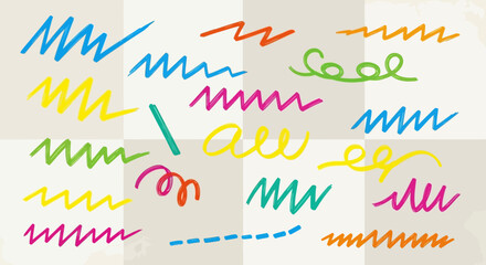 Vibrant scribbles and doodles on checkered backdrop, showcasing playful color variations and