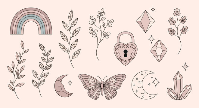 Delicate hand-drawn collection of mystic elements with nature-inspired and romantic concepts