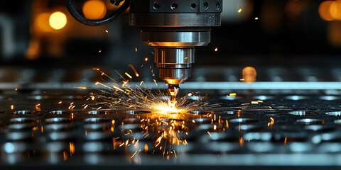 CNC machine drills metal, creating sparks in workspace Generative AI