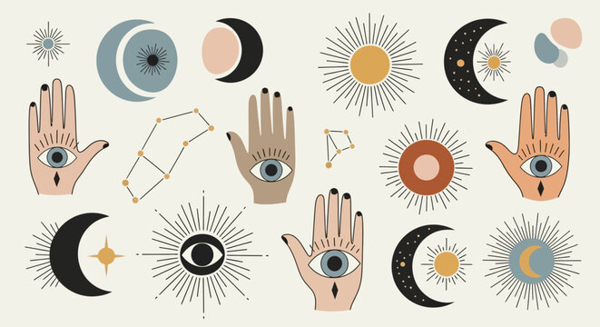 Mystical celestial elements and hands with eyes seamless pattern vector background