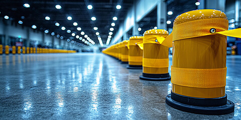 Bright yellow stanchions line the hall at busy event venue Generative AI